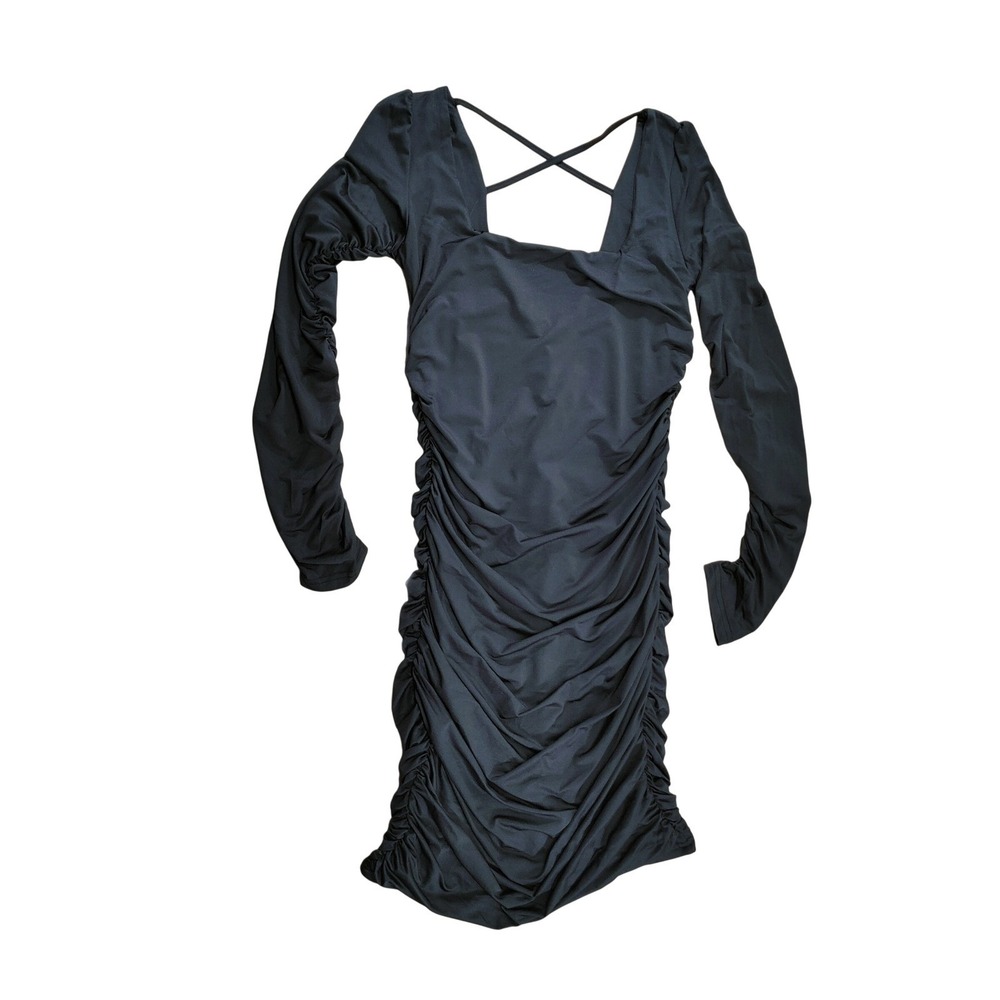 Black Ruched Bodycon Mini Dress‎ Long Sleeve Square Neck Criss Cross Back NWOT